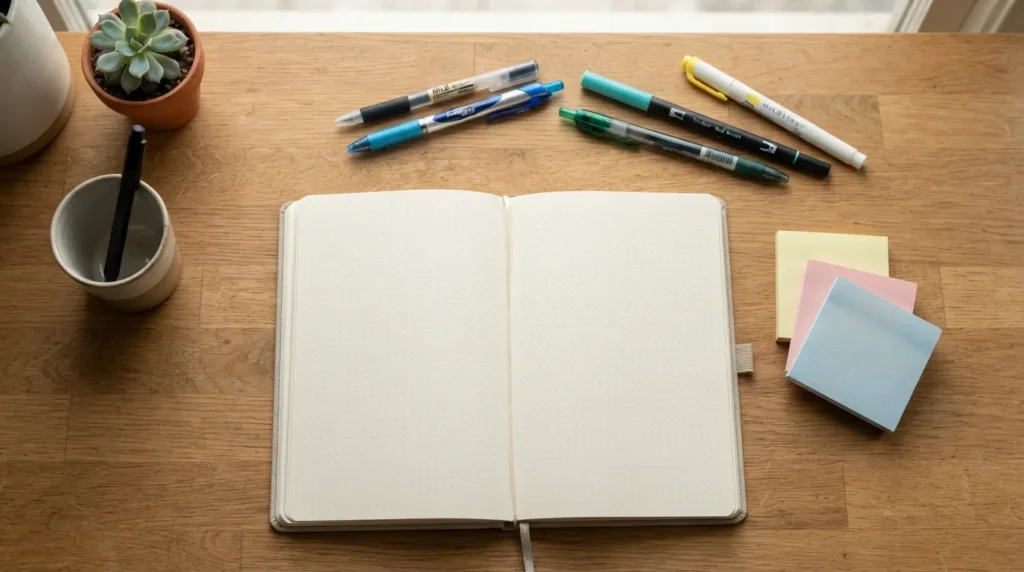 Flat lay photo of a blank journal, colorful pens, highlighters, and sticky notes arranged neatly on a wooden desk.