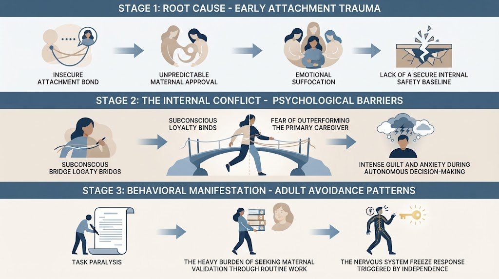 A conceptual diagram illustrating how maternal attachment trauma and insecure attachment styles lead to adult task avoidance and psychological freeze responses.
