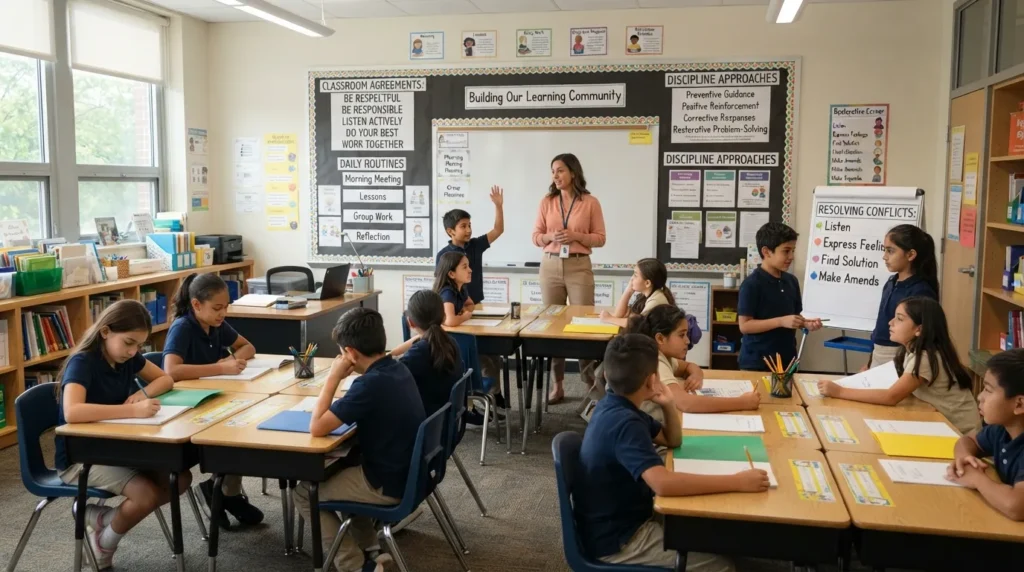 Visual showing discipline in education through classroom rules, student self-control, different discipline approaches, and practical school behavior examples.