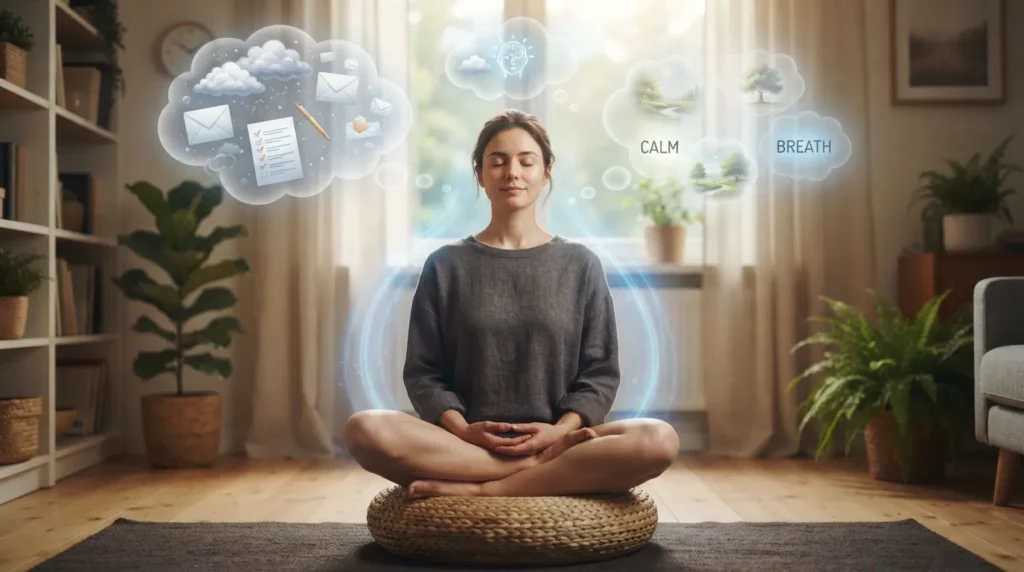 Person practicing meditation while focusing on breathing and calmly observing thoughts without reacting to them