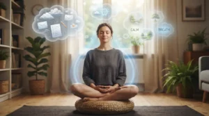 Person practicing meditation while focusing on breathing and calmly observing thoughts without reacting to them