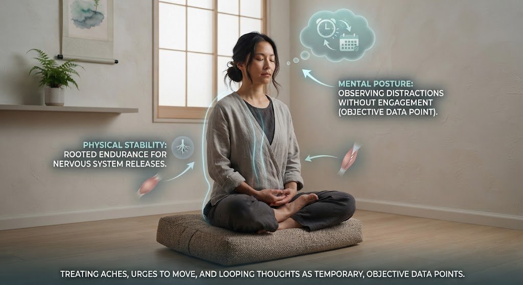 A person sitting upright on a meditation cushion in a quiet room, practicing mindfulness while acknowledging physical restlessness and mental distractions without judgment.