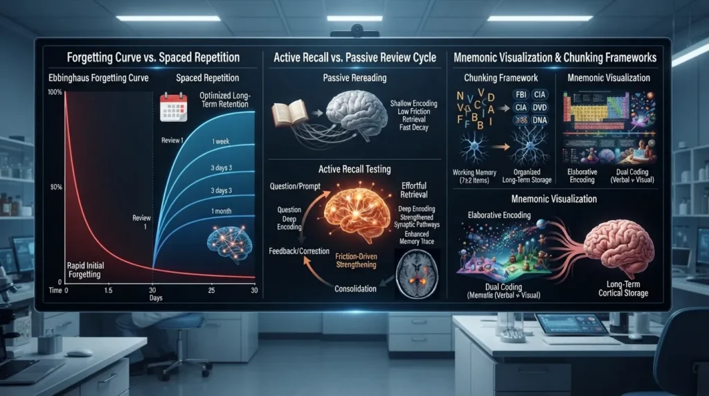 Infographic illustrating memory science principles including active recall, spaced repetition, and the forgetting curve.