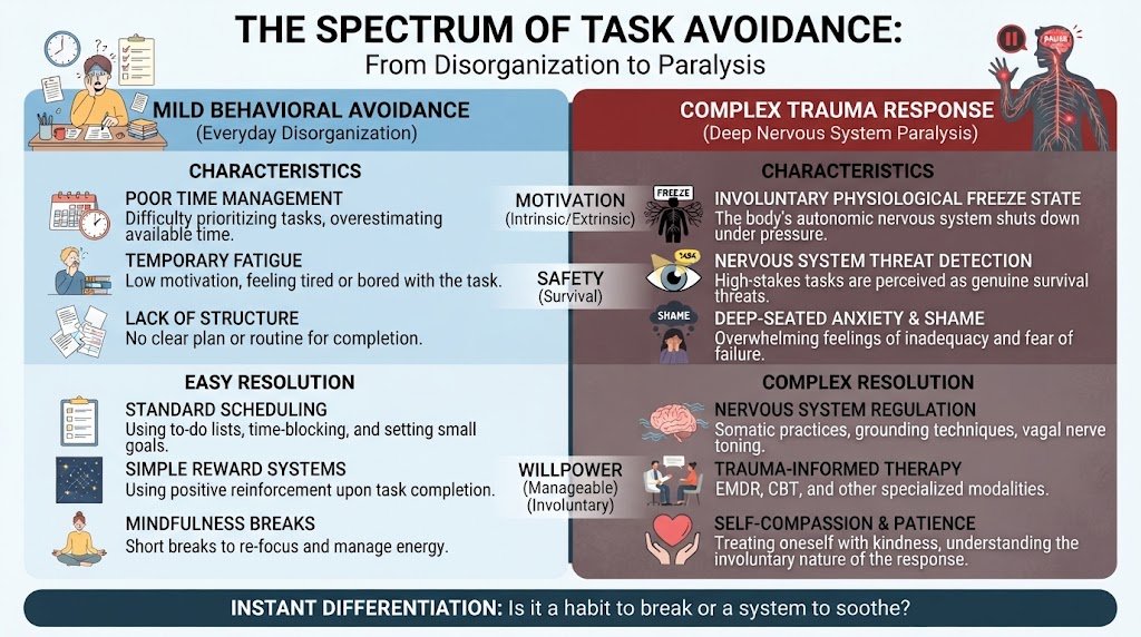 A comparison chart illustrating the differences between mild behavioral avoidance and a complex trauma response.