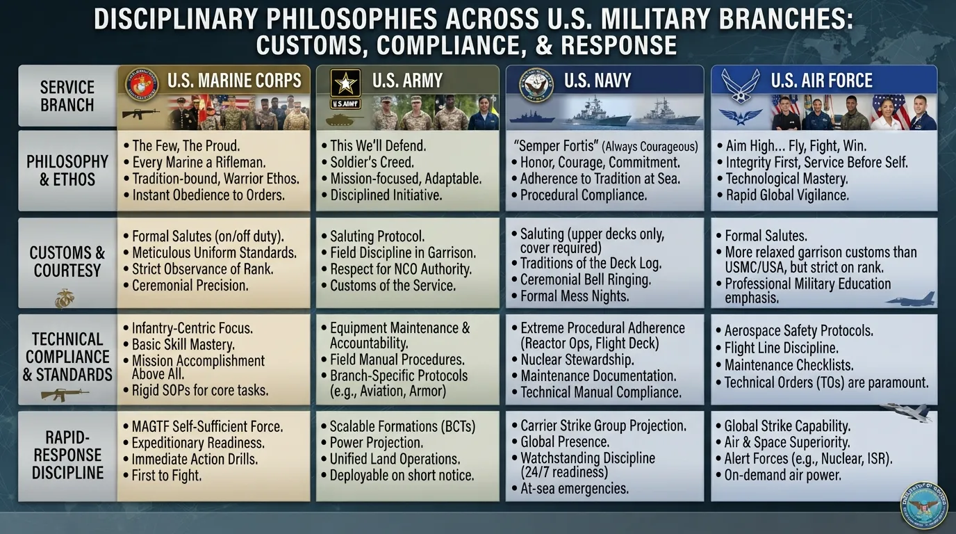 A comparison chart and professional service members representing different military branches to illustrate discipline variations and operational focuses.