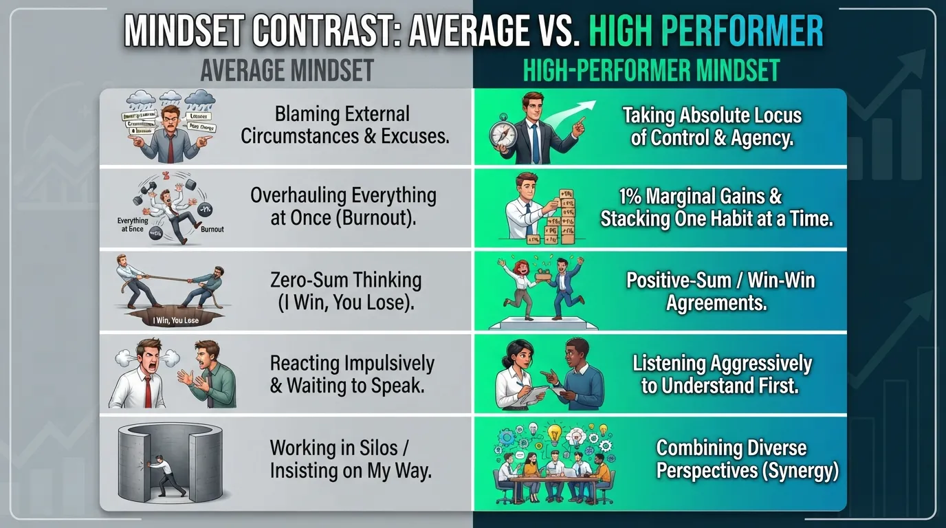 A comparison chart showing key mindset habits of successful people versus average people, highlighting personal responsibility, incremental habit building, win-win relationships, active listening, and synergy.