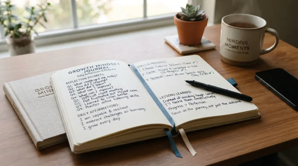 Person writing in a mindset journal with daily reflection prompts, growth goals, positive thoughts, and self-improvement notes