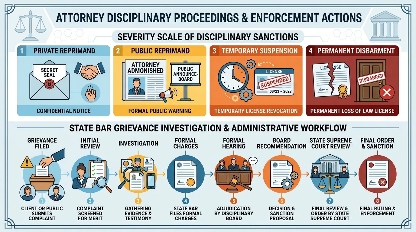 A detailed infographic outlining legal professional discipline processes, including private reprimands, suspensions, and disbarment for attorney misconduct.