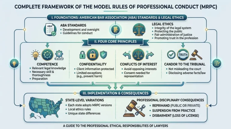 An overview chart and legal documents illustrating the Model Rules of Professional Conduct for attorneys and law practitioners.