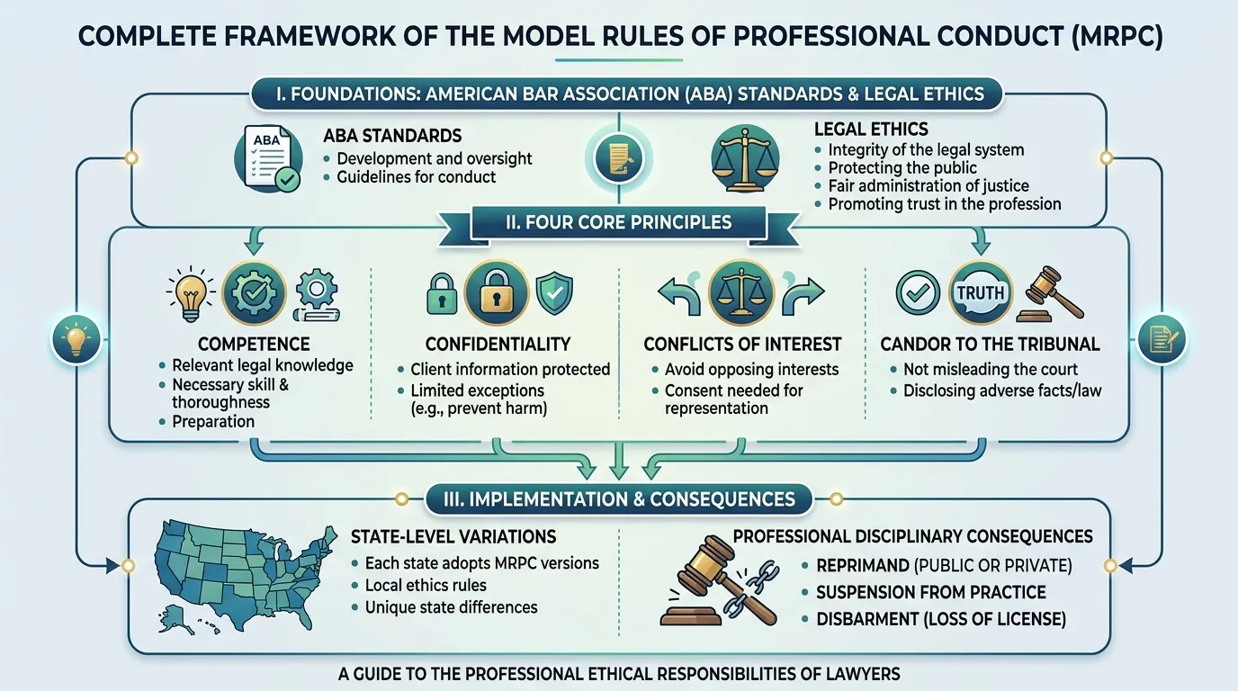 An overview chart and legal documents illustrating the Model Rules of Professional Conduct for attorneys and law practitioners.