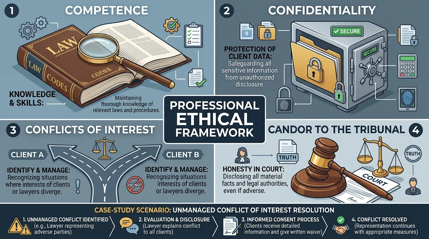 A visual summary chart outlining the core ethical principles every lawyer must follow, including competence, confidentiality, conflicts of interest, and candor to the tribunal.