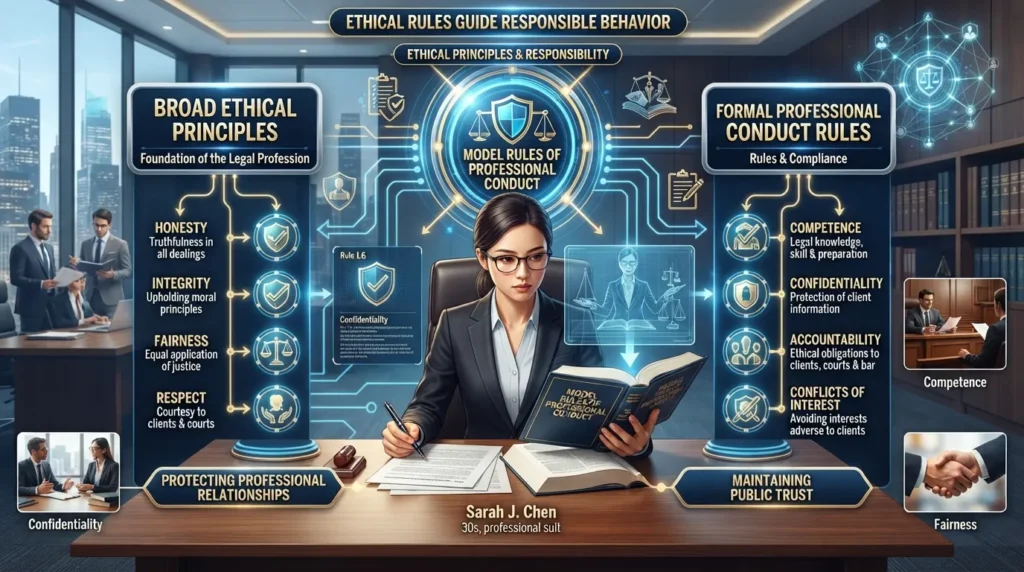 Visual overview of ethical rules and the Model Rules of Professional Conduct, showing honesty, integrity, fairness, professional responsibility, and ethical conduct for lawyers