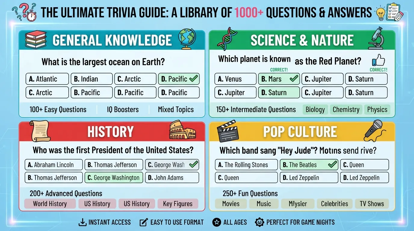 A collection of multiple choice trivia questions and answers displayed on a clean interface, ideal for general knowledge quizzes.