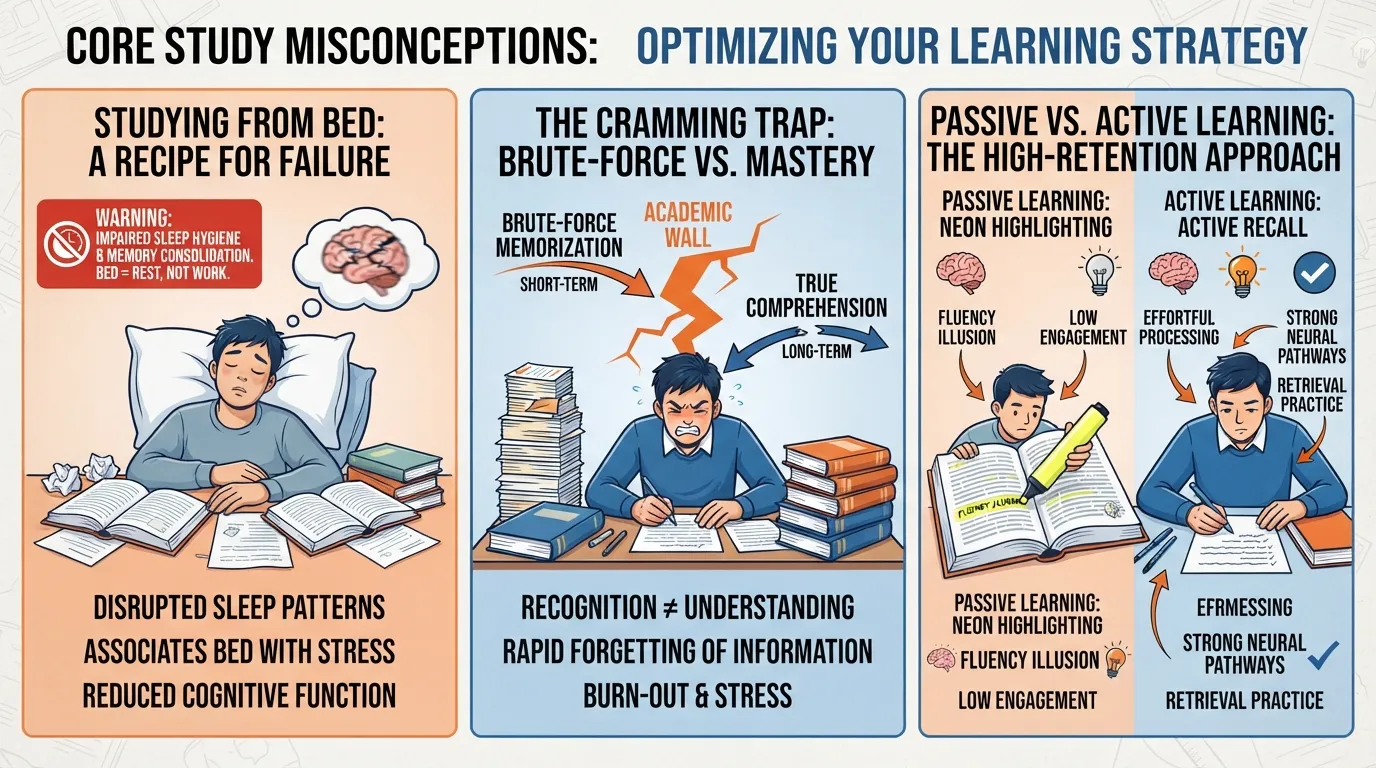Infographic showing a split comparison debunking study myths like studying in bed and passive highlighting