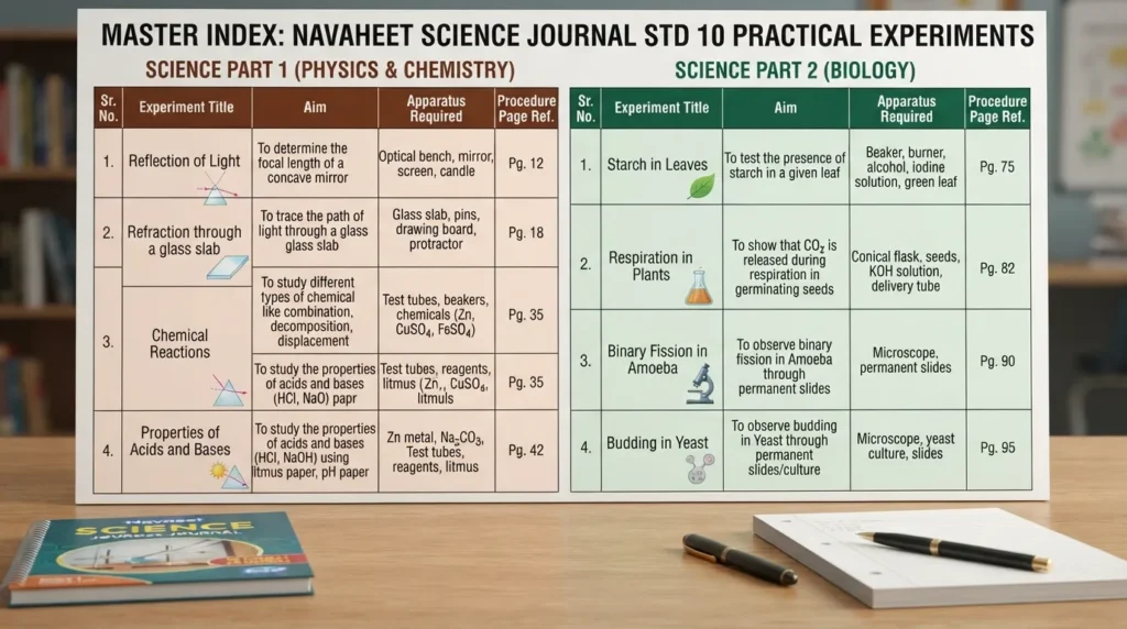 Navneet Science Journal Std 10 All Practical Answers Index