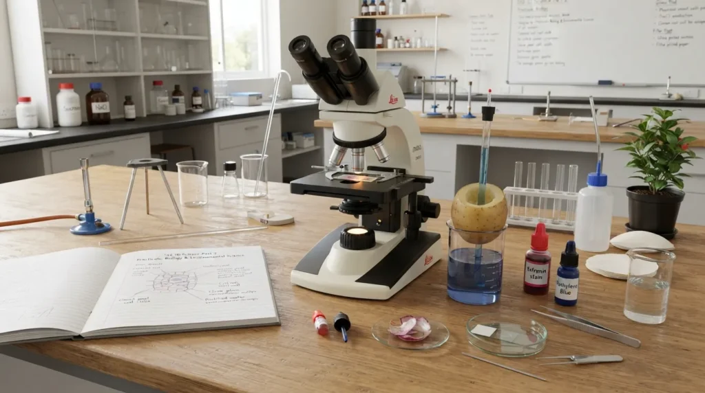 A student performing Class 10 Biology and Environmental Science practical experiments, showing a compound microscope, microscope slides, and lab apparatus.