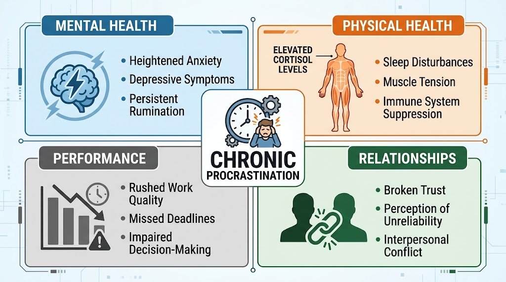 Infographic breakdown illustrating the mental, physical, performance, and relational consequences of chronic procrastination in a 1920x1080 visual layout.