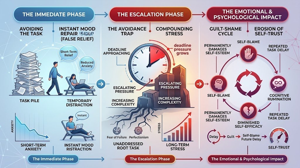 Infographic illustrating how procrastination acts as a negative coping mechanism through false relief, compounding stress, emotional guilt, and eroded self-trust.