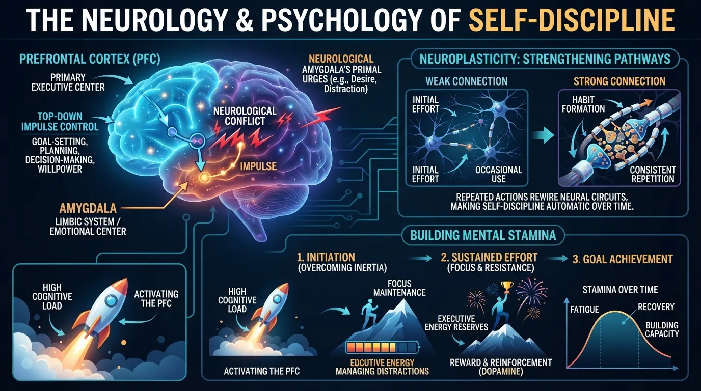An anatomical diagram and brain scan graphic highlighting the prefrontal cortex and neural pathways responsible for self-discipline, impulse control, and decision-making.