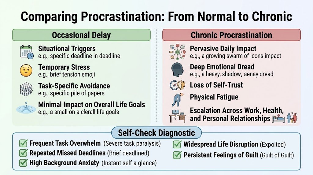 A clear comparison diagram showing the key differences between normal occasional procrastination and severe chronic task avoidance across daily life domains.