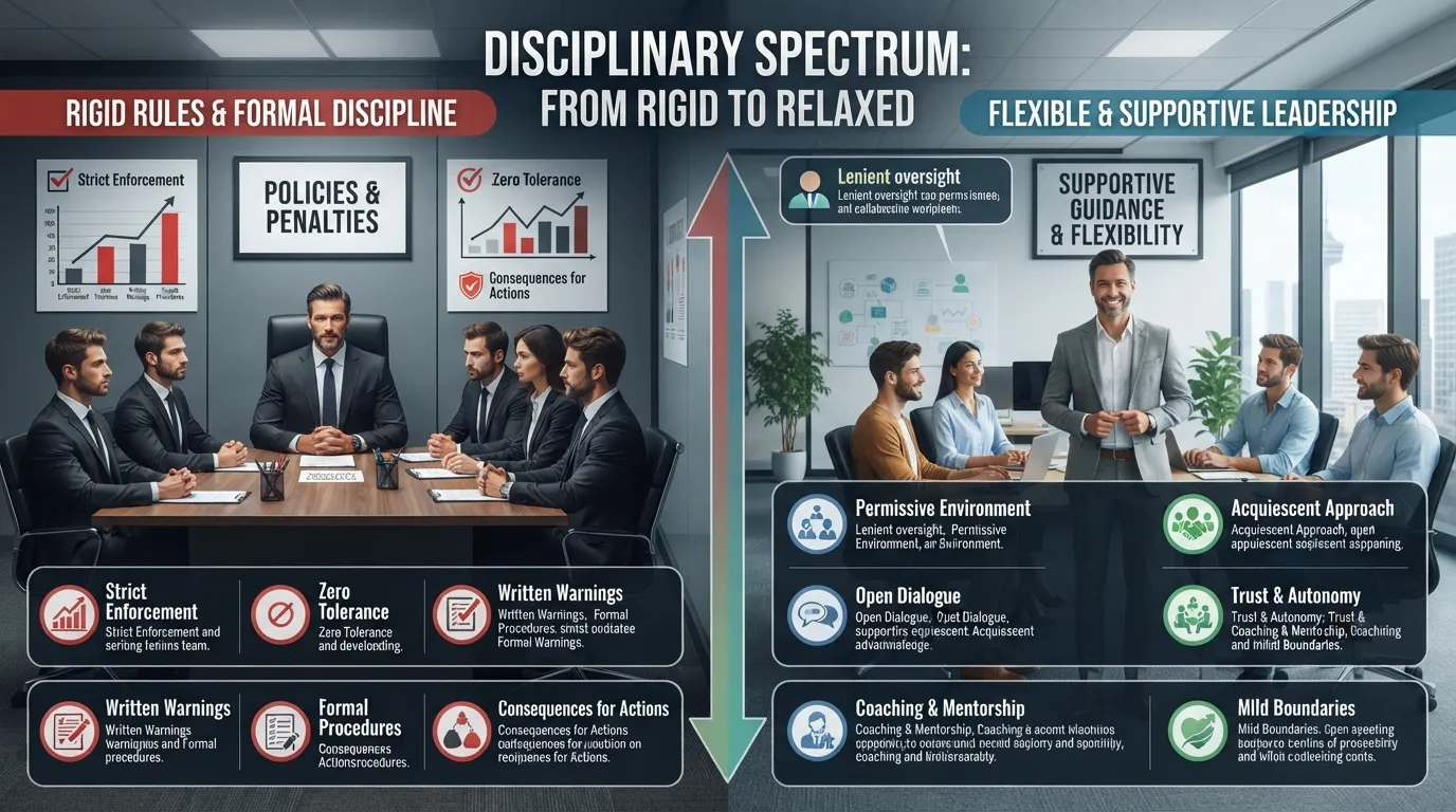 A professional comparison graphic showing the antonyms of disciplinary, including lenient, permissive, and indulgent management styles.