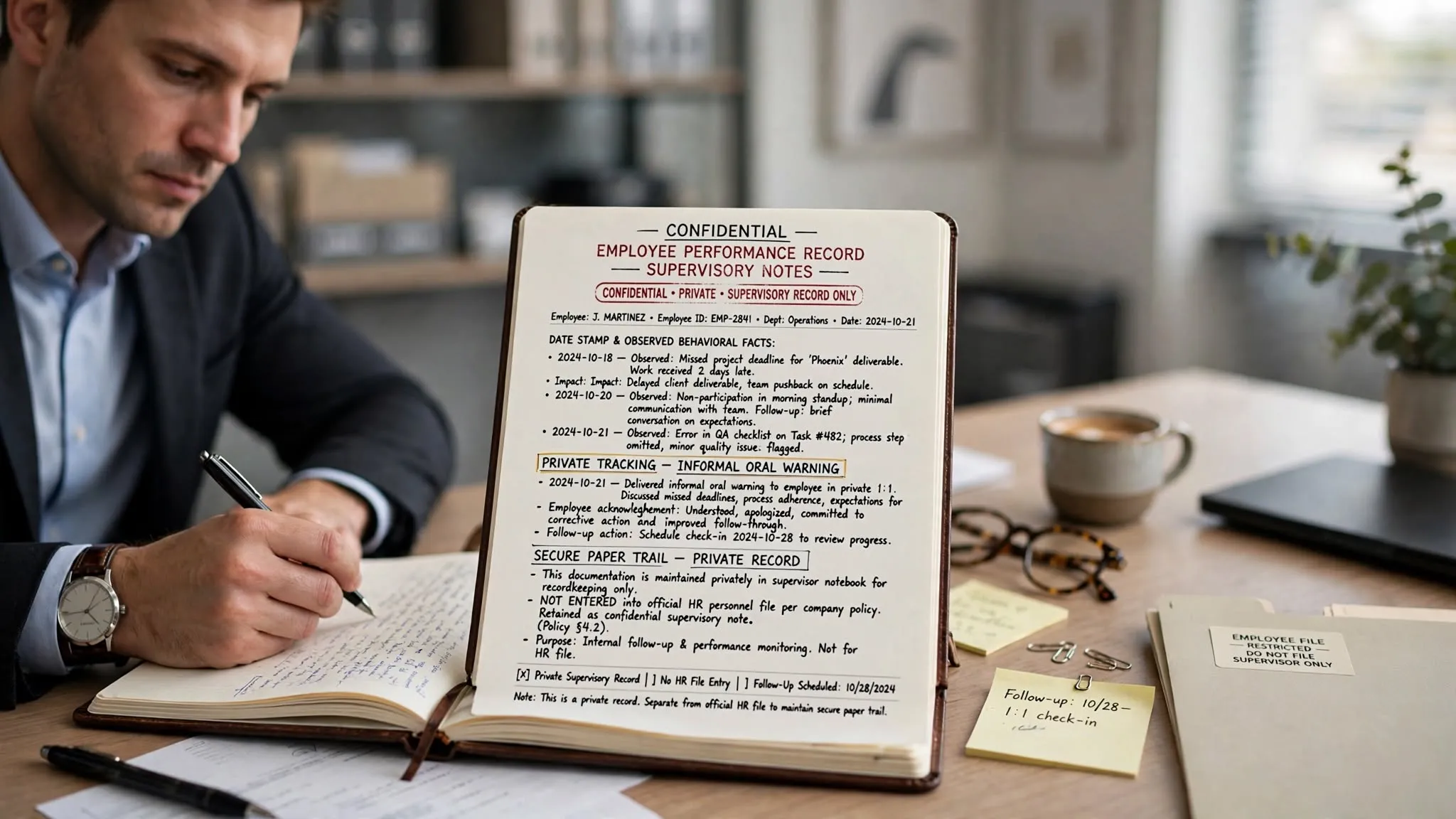 Manager writing private notes in a notebook during a confidential employee meeting about an oral reprimand.