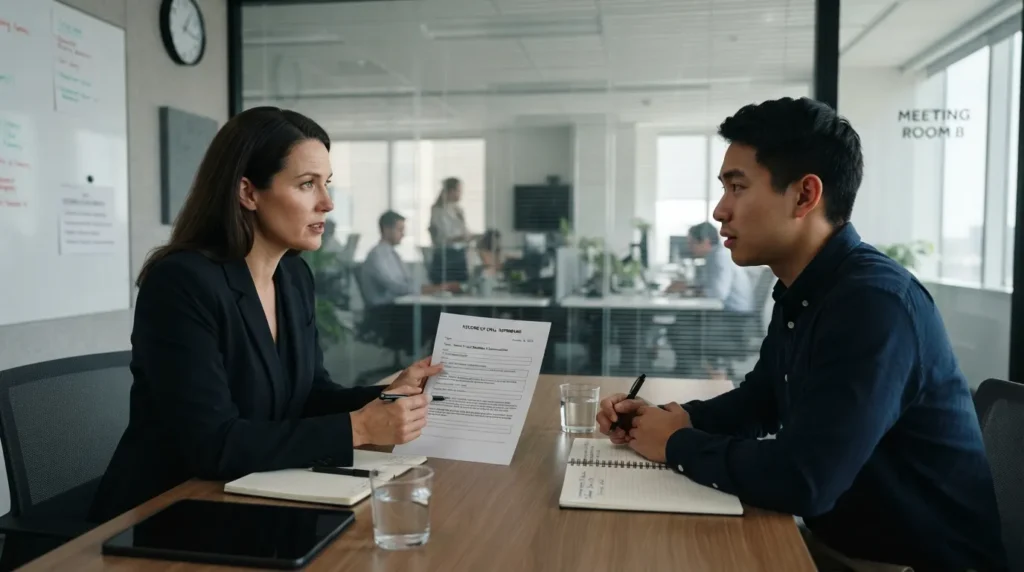Manager giving an employee an oral reprimand during a private workplace discussion about misconduct or performance