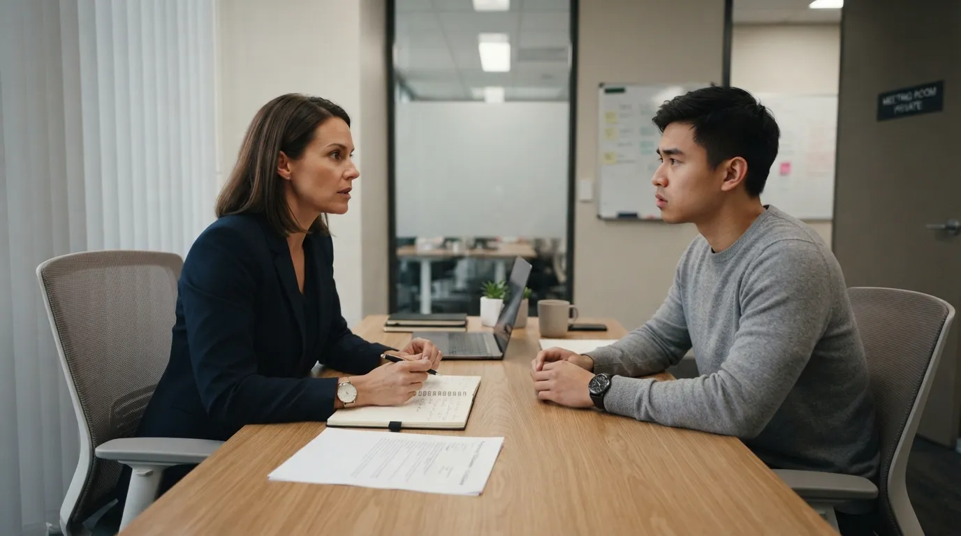 A manager having a private one-on-one conversation with an employee to address a minor workplace infraction.