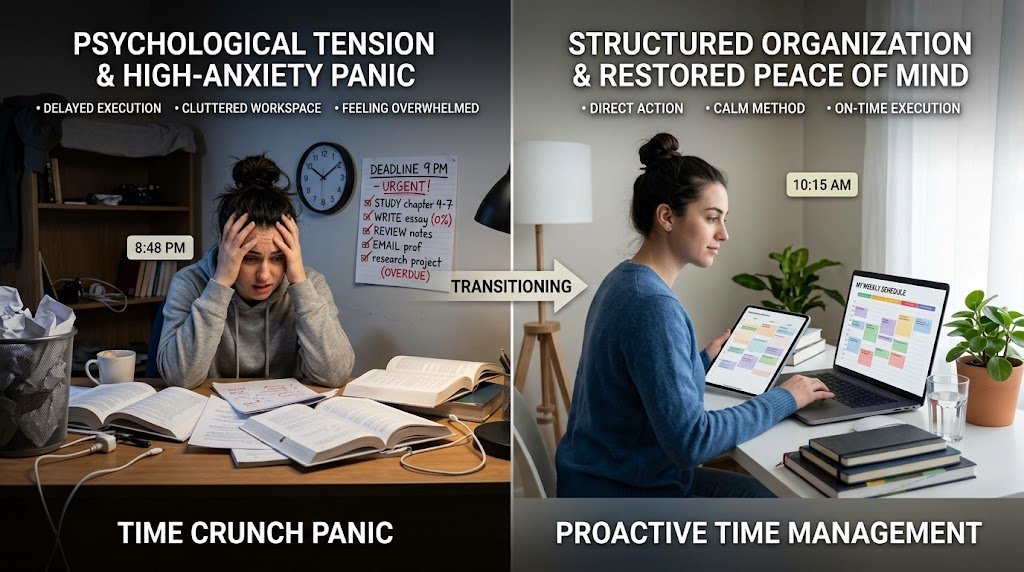 A professional working at a clean desk with a laptop and planner, visualizing how to overcome the stress cycle caused by a time crunch and procrastination.