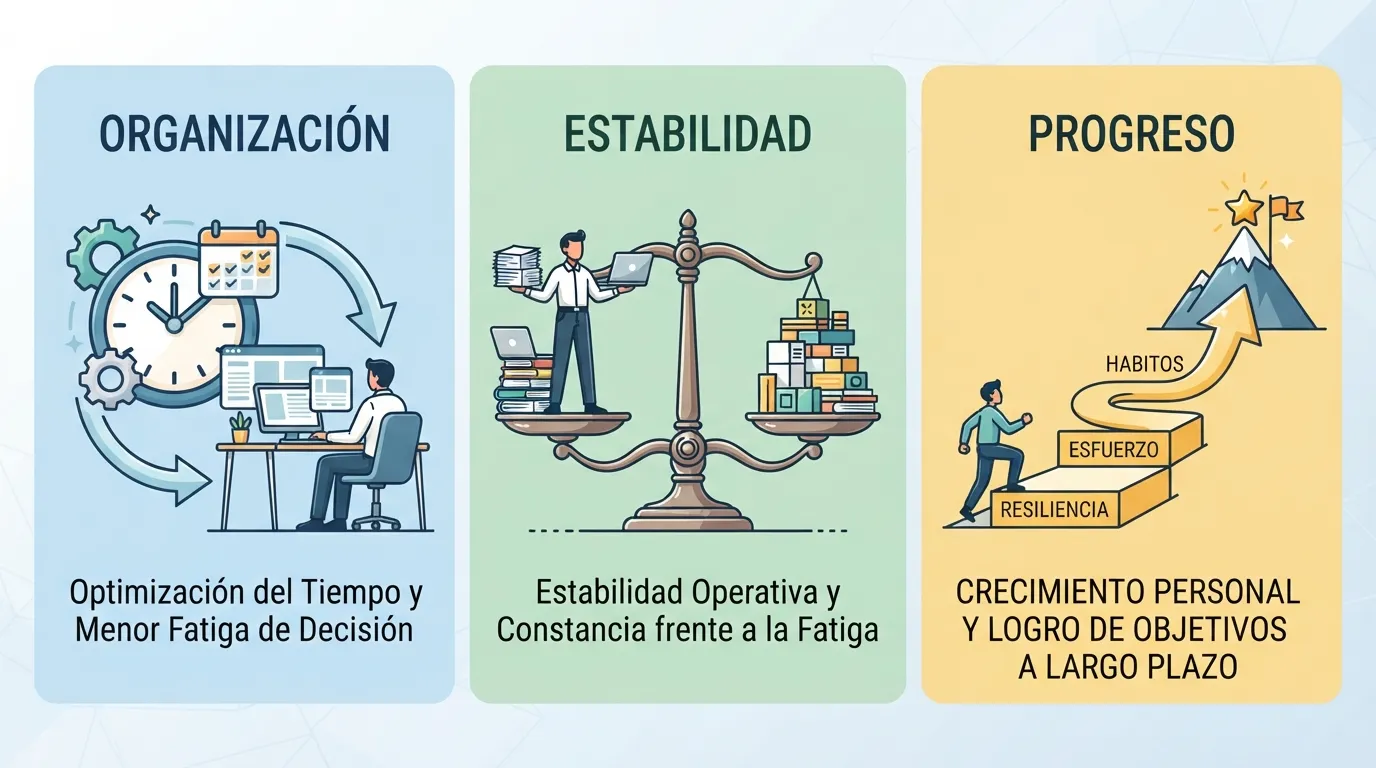 Infografía que muestra para qué sirve la disciplina con ejemplos de optimización del tiempo, reducción del estrés y logro de metas.
