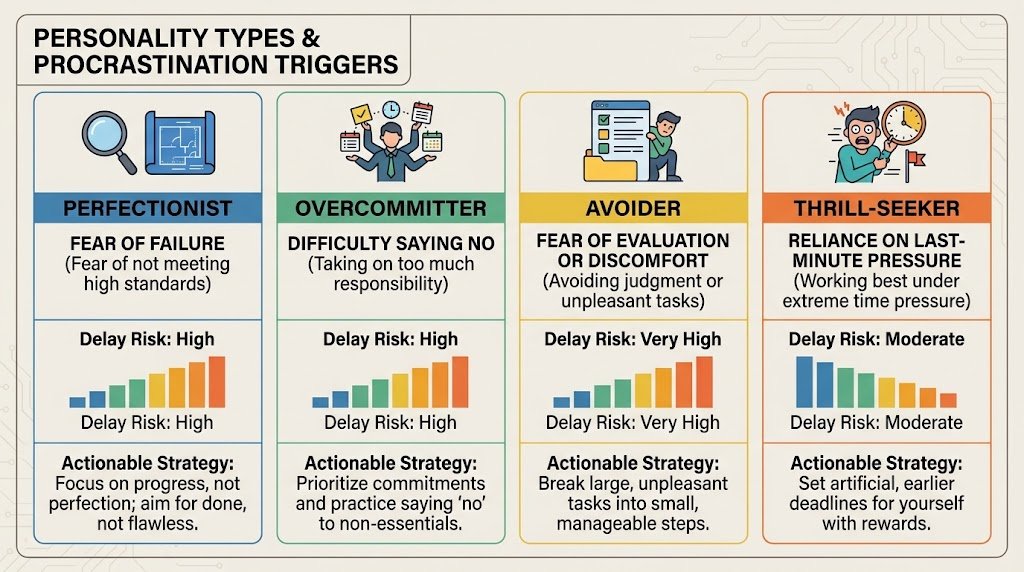 Infographic chart illustrating how different personality types experience procrastination, showing distinct behavioral triggers and patterns for perfectionists, overcommitters, avoiders, and thrill-seekers.