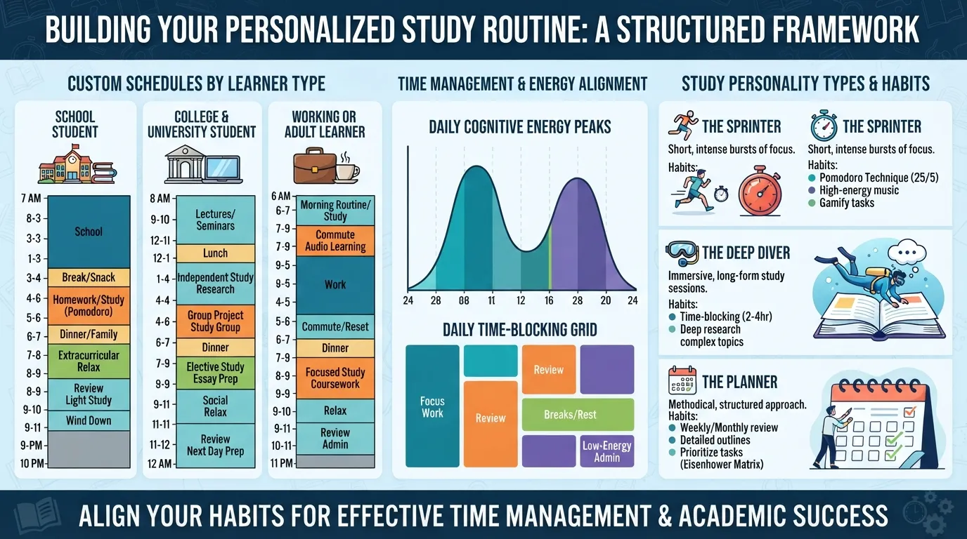 A detailed diagram and customizable template layout illustrating how to build a personalized study routine based on grade level and study personality.