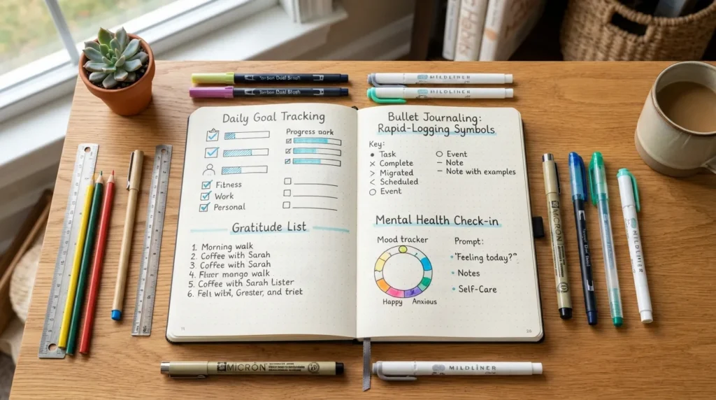 An overhead view of popular daily journaling methods, including a gratitude log, a bullet journal productivity spread, and a mental health reflection notebook.