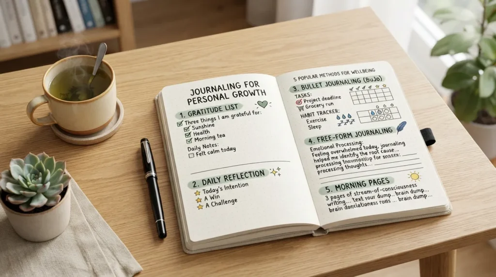 A flatlay image showing popular journaling methods like gratitude journaling, bullet journaling, and wellness tracking in a neat notebook.