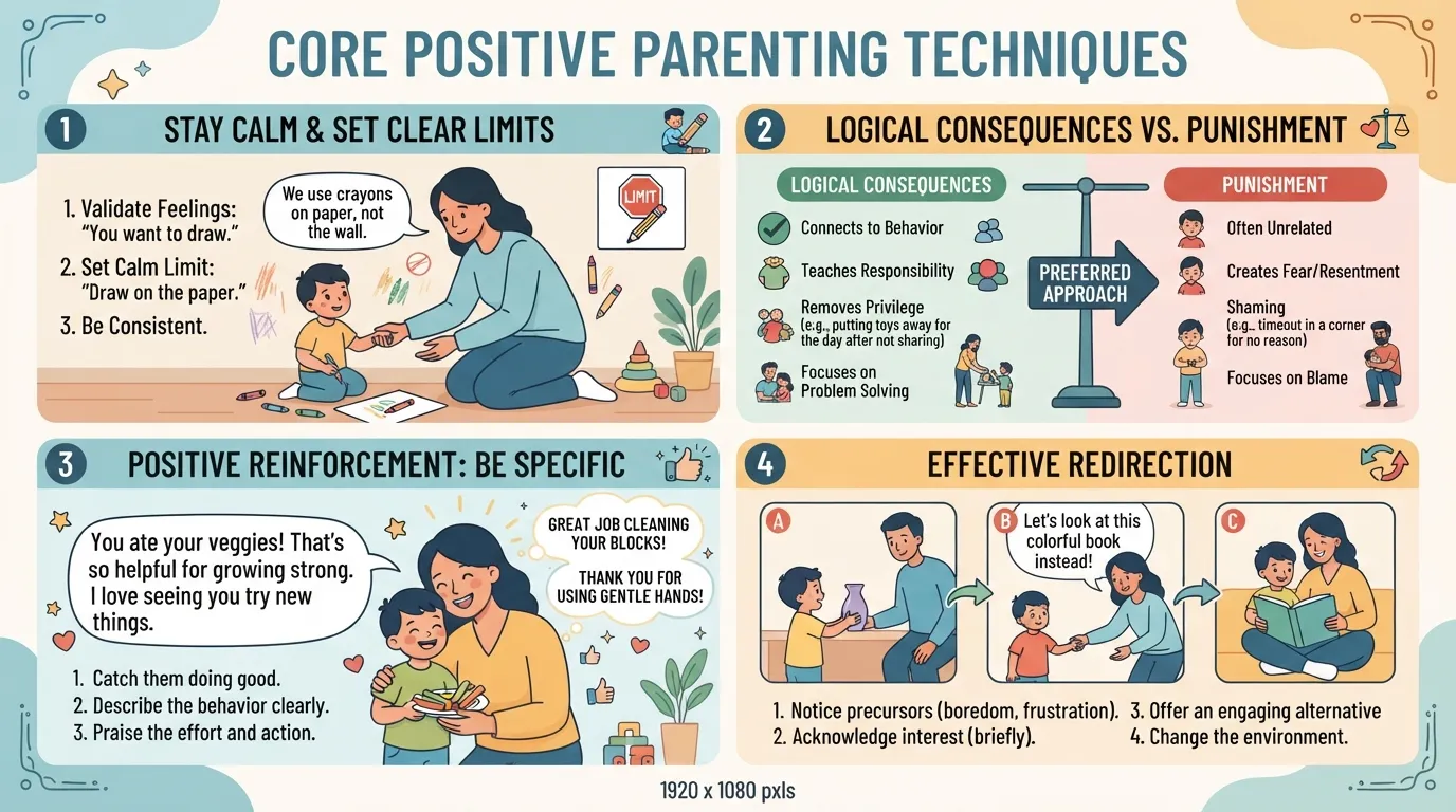 A parent calmly guiding a young child to teach positive discipline and emotional regulation.