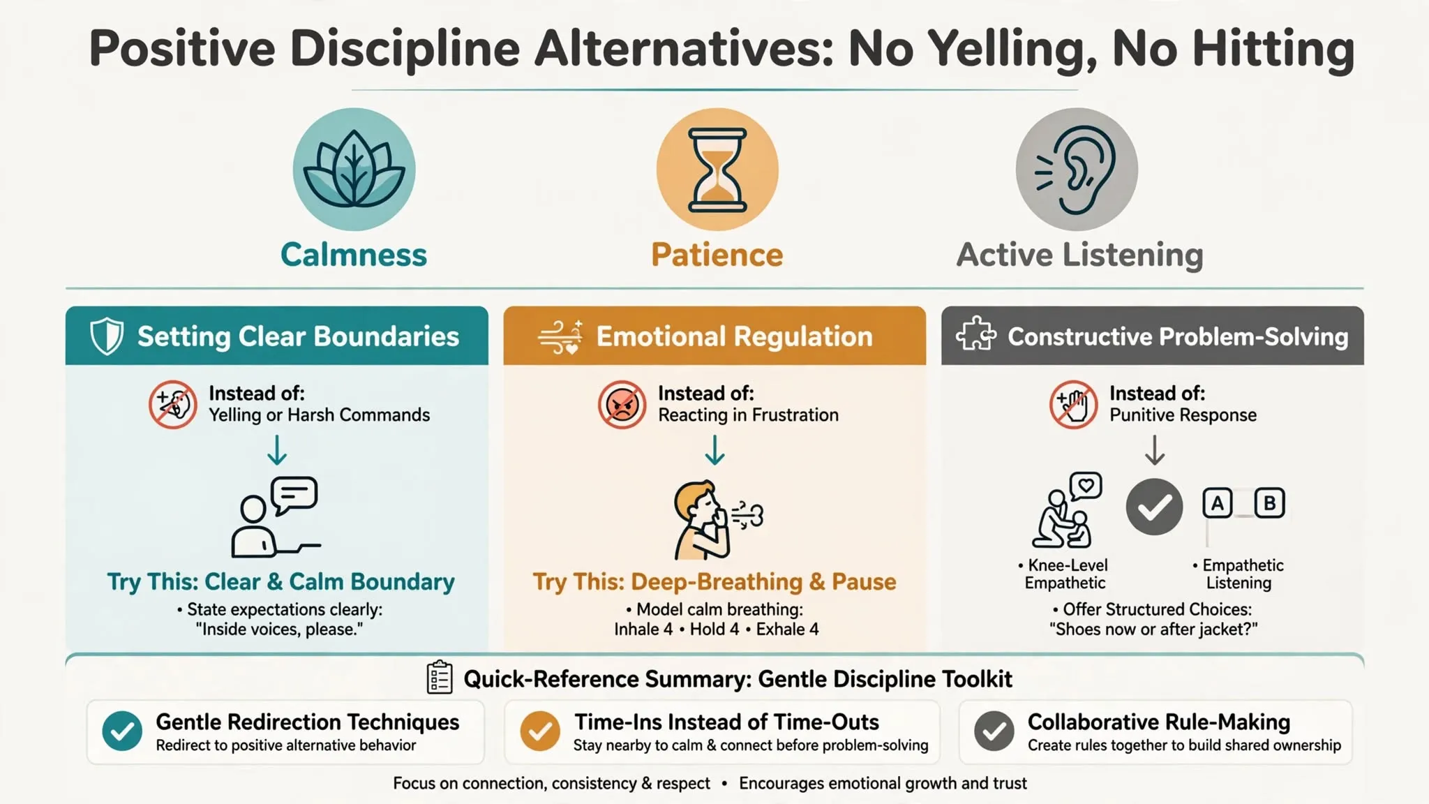 Infographic showing positive discipline alternatives to yelling and hitting, featuring a parent calmly communicating with a child.