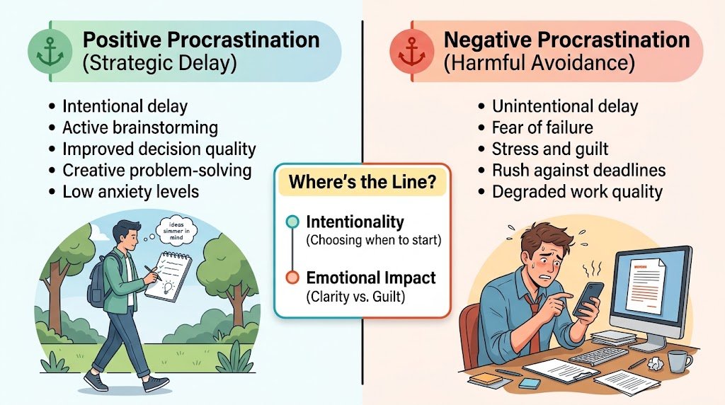Side-by-side comparison diagram showing the key differences between positive procrastination (strategic delay for better creativity) and negative procrastination (harmful avoidance causing stress).