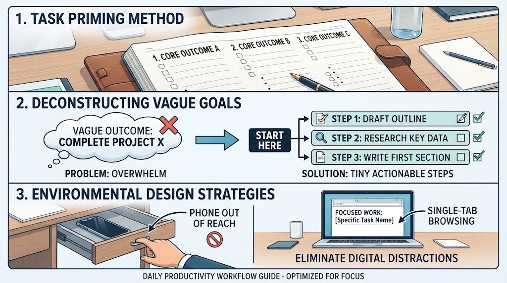 A clean workspace showing a notebook with a daily task-priming list and a laptop set up for a practical productivity system to stop procrastinating.