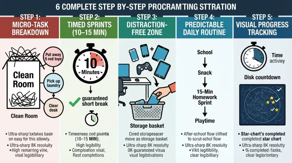 Infographic chart outlining five practical steps to reduce procrastination in children, including breaking down tasks, setting timed sprints, removing distractions, creating daily routines, and using a visual countdown timer.