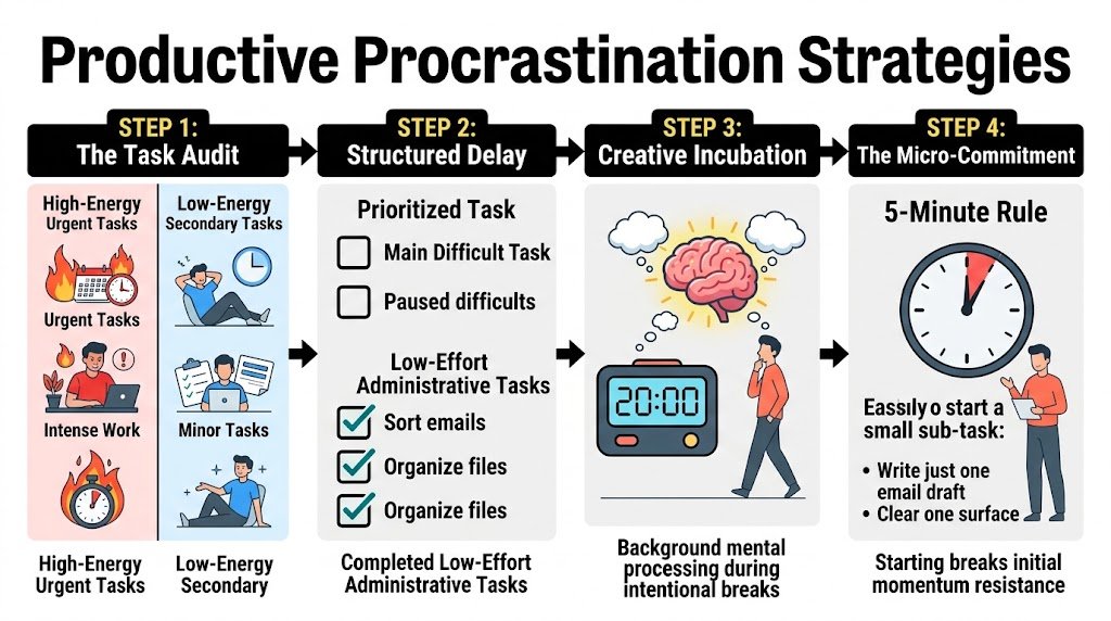 Infographic breakdown displaying four practical steps to turn procrastination into productivity, including structured task prioritization and timed work sessions.