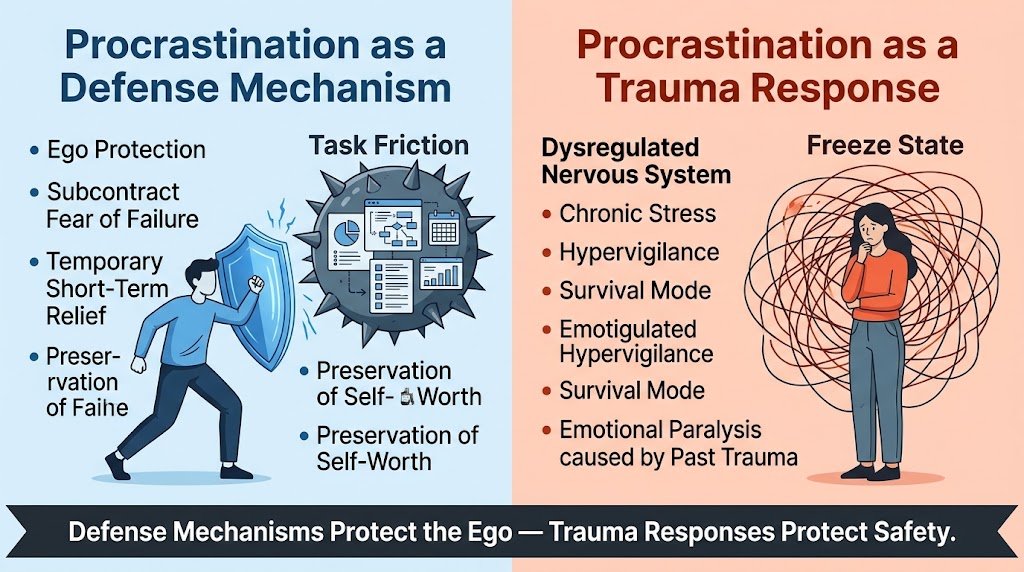 Infographic comparing procrastination as a psychological defense mechanism versus a trauma response, highlighting ego protection and nervous system freeze states.