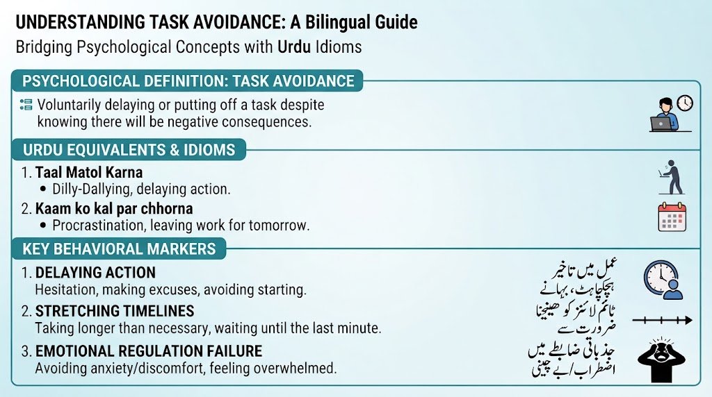 A bilingual infographic explaining the meaning of procrastination in Urdu and English with common translation terms like taal matol karna and kaam ko kal par chhorna.