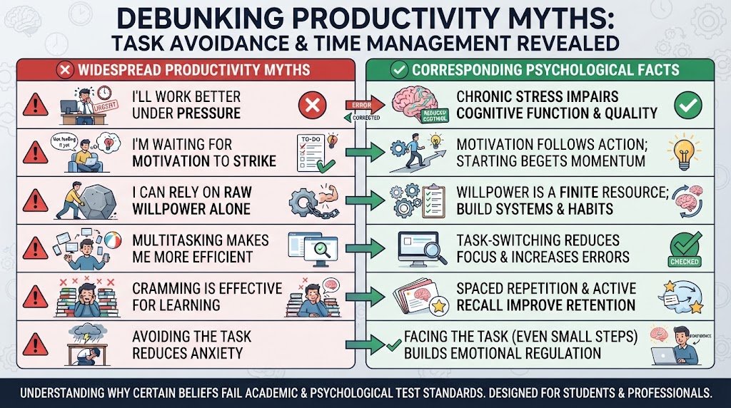 A side-by-side comparative infographic debunking common productivity myths and contrasting them with psychological facts about procrastination.