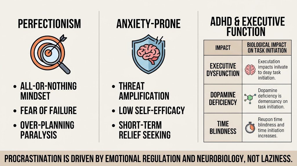 An educational diagram showing three high-risk personality profiles—Perfectionism, High Anxiety, and ADHD—that contribute to chronic procrastination.