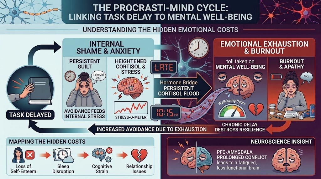A visual representation highlighting the hidden connection between procrastination, chronic stress, and mental health.