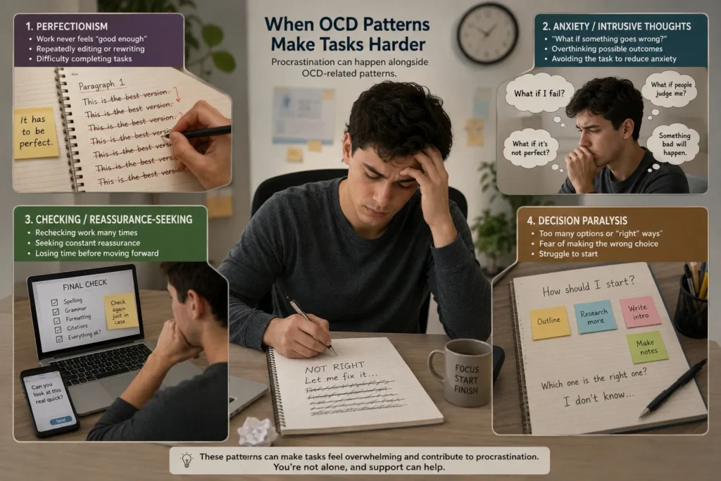 Person delaying an important task while experiencing perfectionism, anxiety, repeated checking, and difficulty making decisions associated with OCD-related procrastination