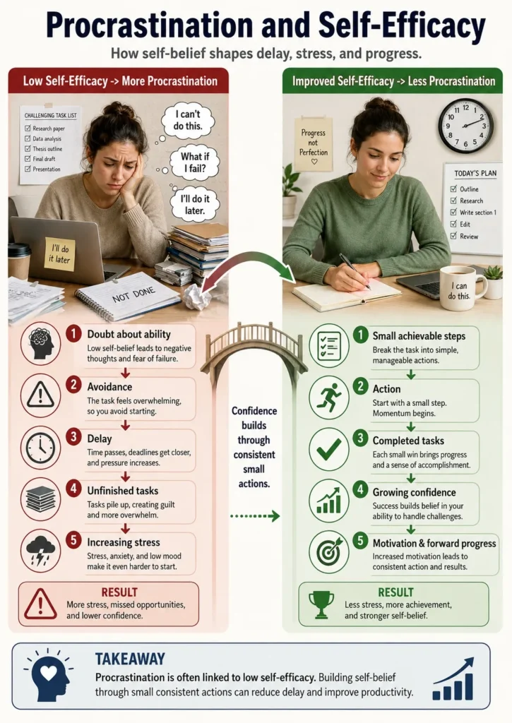 Visual showing the connection between low self-efficacy and procrastination, with a person experiencing self-doubt, task avoidance, fear of failure, and building confidence through small successful steps