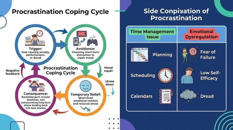 Infographic showing how procrastination acts as a maladaptive coping mechanism, illustrating the cycle from task anxiety to short-term emotional relief and compounding long-term stress.
