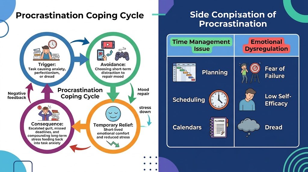 Infographic showing how procrastination acts as a maladaptive coping mechanism, illustrating the cycle from task anxiety to short-term emotional relief and compounding long-term stress.