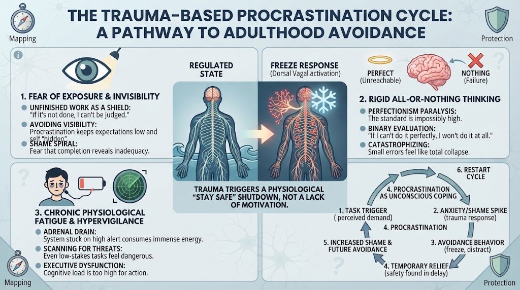 A visual diagram illustrating how trauma-based procrastination manifests in adulthood through nervous system freeze and avoidance behaviors.
